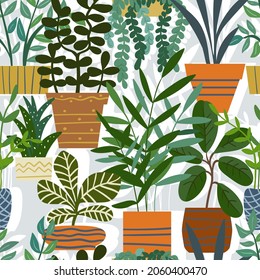 Seamless colorful pattern with potted houseplants. Vector illustration.