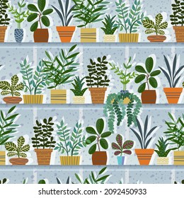 Seamless colorful pattern with potted houseplants. Vector illustration.