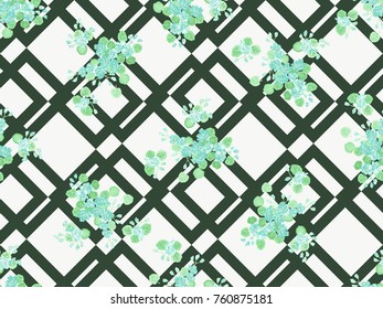 Seamless colorful pattern in pretty blue flowers. Composite overlay. Floral arrangements on geometric background. For textile, wallpaper, covers, surface, print, gift wrap, scrapbooking, decoupage.