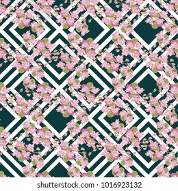 Seamless colorful pattern in pretty flowers. Composite overlay. Floral arrangements on geometric background. For textile, wallpaper, covers, surface, print, gift wrap, scrapbooking, decoupage.