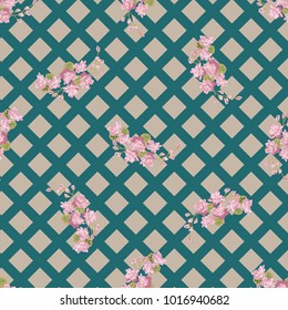 Seamless colorful pattern in pretty flowers. Composite overlay. Floral arrangements on geometric background. For textile, wallpaper, covers, surface, print, gift wrap, scrapbooking, decoupage.