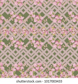 Seamless colorful pattern in pretty flowers. Composite overlay. Floral arrangements on geometric background. For textile, wallpaper, covers, surface, print, gift wrap, scrapbooking, decoupage.