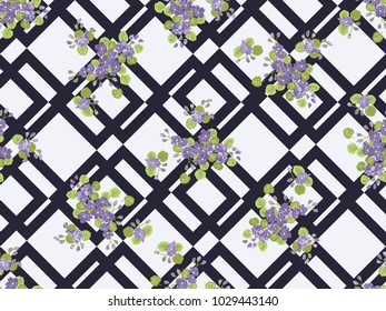 Seamless colorful pattern in pretty flowers. Composite overlay. Floral arrangements on geometric background. For textile, wallpaper, covers, surface, print, gift wrap, scrapbooking, decoupage.