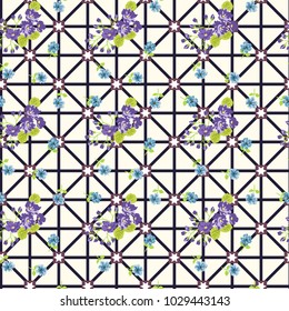 Seamless colorful pattern in pretty flowers. Composite overlay. Floral arrangements on geometric background. For textile, wallpaper, covers, surface, print, gift wrap, scrapbooking, decoupage.