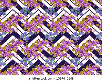 Seamless colorful pattern in pretty flowers. Composite overlay. Floral arrangements on geometric background. For textile, wallpaper, covers, surface, print, gift wrap, scrapbooking, decoupage.