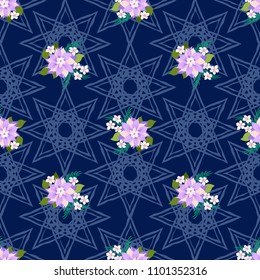 Seamless colorful pattern in pretty flowers. Composite overlay. Floral arrangements on geometric background. For textile, wallpaper, covers, surface, print, gift wrap, scrapbooking, decoupage.