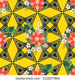 Seamless colorful pattern in pretty flowers. Composite overlay. Floral arrangements on geometric background. For textile, wallpaper, covers, surface, print, gift wrap, scrapbooking, decoupage.