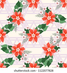 Seamless colorful pattern in pretty flowers. Composite overlay. Floral arrangements on geometric background. For textile, wallpaper, covers, surface, print, gift wrap, scrapbooking, decoupage.