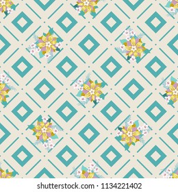 Seamless colorful pattern in pretty flowers. Composite overlay. Floral arrangements on geometric background. For textile, wallpaper, covers, surface, print, gift wrap, scrapbooking, decoupage.