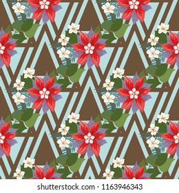 Seamless colorful pattern in pretty flowers. Composite overlay. Floral arrangements on geometric background. For textile, wallpaper, covers, surface, print, gift wrap, scrapbooking, decoupage.
