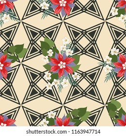 Seamless colorful pattern in pretty flowers. Composite overlay. Floral arrangements on geometric background. For textile, wallpaper, covers, surface, print, gift wrap, scrapbooking, decoupage.