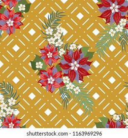 Seamless colorful pattern in pretty flowers. Composite overlay. Floral arrangements on geometric background. For textile, wallpaper, covers, surface, print, gift wrap, scrapbooking, decoupage.