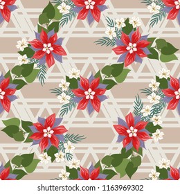 Seamless colorful pattern in pretty flowers. Composite overlay. Floral arrangements on geometric background. For textile, wallpaper, covers, surface, print, gift wrap, scrapbooking, decoupage.