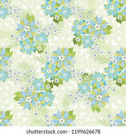 Seamless colorful pattern in pretty flowers. Composite overlay. Floral arrangements on geometric background. For textile, wallpaper, covers, surface, print, gift wrap, scrapbooking, decoupage.