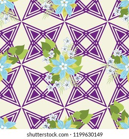 Seamless colorful pattern in pretty flowers. Composite overlay. Floral arrangements on geometric background. For textile, wallpaper, covers, surface, print, gift wrap, scrapbooking, decoupage.