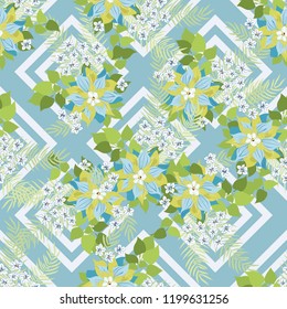 Seamless colorful pattern in pretty flowers. Composite overlay. Floral arrangements on geometric background. For textile, wallpaper, covers, surface, print, gift wrap, scrapbooking, decoupage.