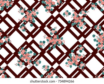 Seamless colorful pattern in pretty flowers. Composite overlay. Floral arrangements on geometric background. For textile, wallpaper, covers, surface, print, gift wrap, scrapbooking, decoupage.