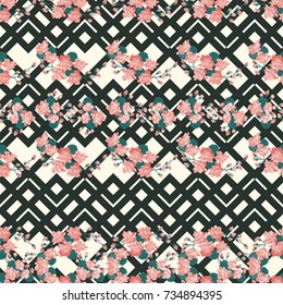 Seamless colorful pattern in pretty flowers. Composite overlay. Floral arrangements on geometric background. For textile, wallpaper, covers, surface, print, gift wrap, scrapbooking, decoupage.