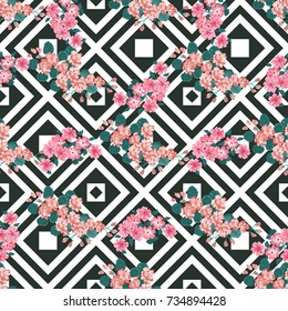 Seamless colorful pattern in pretty flowers. Composite overlay. Floral arrangements on geometric background. For textile, wallpaper, covers, surface, print, gift wrap, scrapbooking, decoupage.