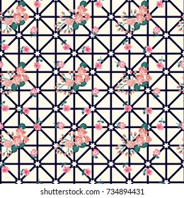 Seamless colorful pattern in pretty flowers. Composite overlay. Floral arrangements on geometric background. For textile, wallpaper, covers, surface, print, gift wrap, scrapbooking, decoupage.