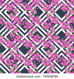 Seamless colorful pattern in pretty flowers. Composite overlay. Floral arrangements on geometric background. For textile, wallpaper, covers, surface, print, gift wrap, scrapbooking, decoupage.