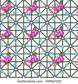 Seamless colorful pattern in pretty flowers. Composite overlay. Floral arrangements on geometric background. For textile, wallpaper, covers, surface, print, gift wrap, scrapbooking, decoupage.