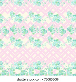 Seamless colorful pattern in pretty flowers. Composite overlay. Floral arrangements on pink geometric background. For textile, wallpaper, covers, surface, print, gift wrap, scrapbooking, decoupage.