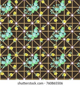 Seamless colorful pattern in pretty flowers. Composite overlay. Floral arrangements on dark geometric background. For textile, wallpaper, covers, surface, print, gift wrap, scrapbooking, decoupage.