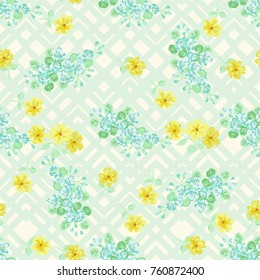 Seamless colorful pattern in pretty flowers. Composite overlay. Floral arrangements on blue geometric background. For textile, wallpaper, covers, surface, print, gift wrap, scrapbooking, decoupage.