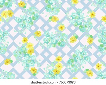 Seamless colorful pattern in pretty flowers. Composite overlay. Floral arrangements on blue geometric background. For textile, wallpaper, covers, surface, print, gift wrap, scrapbooking, decoupage.