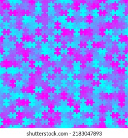 Seamless colorful pattern with puzzles, jigsaw, childrens pattern. Ultra violet and neon cyan halftones stylish ornament texture for wrapping paper, carpet, bathroom tiles or clothing textile print