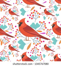 Seamless colorful pattern with red cardinal birds, leaves and berries