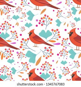 Seamless colorful pattern with red cardinal birds, leaves and berries