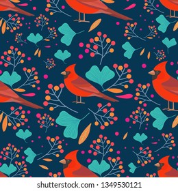 Seamless colorful pattern with red cardinal birds, leaves and berries