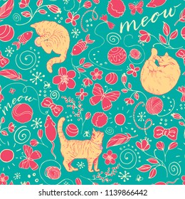 Seamless colorful pattern with red cats and elements on turquoise background