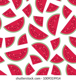 Seamless colorful pattern with red watermelon slices on white background. Vector illustration