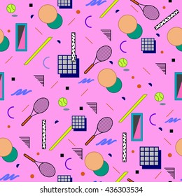 Seamless colorful pattern in retro style on pink background with tennis ball and tennis racket.Vector illustration
