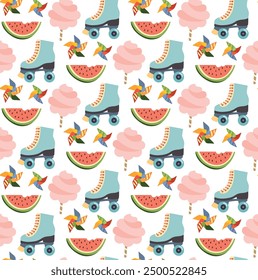 Seamless colorful pattern with with rollers, cotton candy, windmills and slices of watermelon. Vector summer background in flat style	