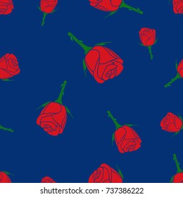 Seamless colorful pattern of roses on a blue background with template in swatches palette . Easy to use. Vector illustration.