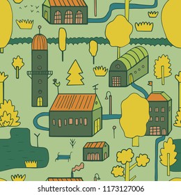 The seamless colorful pattern with scandinavian landscape in a village. Hand-drawn overlapping background for your design.Textile, blog decoration, banner, poster, wrapping paper