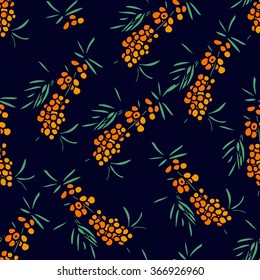 Seamless colorful pattern with sea buck thorn, berries. Hand drawn illustration for postcard, textile, design.