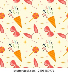 Seamless colorful pattern of serpentine, caps, bows and doodles. Great for birthday parties, textile, banners, wallpaper, packaging - vector design