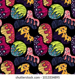 The seamless colorful pattern with shapes, lines, spots, imprints, dots and design elements. Hand drawn overlapping background for your design.Textile, blog decoration, banner, poster, wrapping paper.