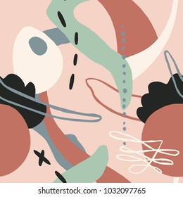 The seamless colorful pattern with shapes, lines, spots, imprints, dots and design elements. Hand drawn overlapping background for your design.Textile, blog decoration, banner, poster, wrapping paper.