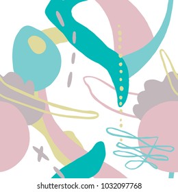 The seamless colorful pattern with shapes, lines, spots, imprints, dots and design elements. Hand drawn overlapping background for your design.Textile, blog decoration, banner, poster, wrapping paper.