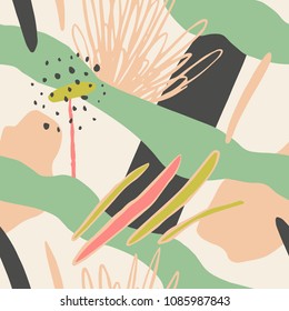 The seamless colorful pattern with shapes, lines, spots, imprints, dots and design elements. Hand drawn overlapping background for your design.Textile, blog decoration, banner, poster, wrapping paper.