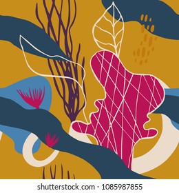 The seamless colorful pattern with shapes, lines, spots, imprints, dots and design elements. Hand drawn overlapping background for your design.Textile, blog decoration, banner, poster, wrapping paper.