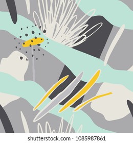 The seamless colorful pattern with shapes, lines, spots, imprints, dots and design elements. Hand drawn overlapping background for your design.Textile, blog decoration, banner, poster, wrapping paper.