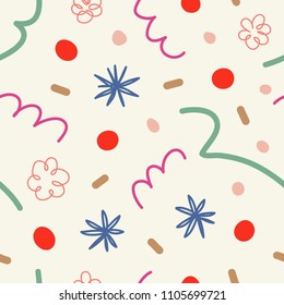 The seamless colorful pattern with shapes, lines, spots, imprints, dots and design elements.