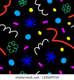 The seamless colorful pattern with shapes, lines, spots, imprints, dots and design elements.